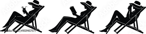 Women relaxing in beach deck chairs silhouettes with sun hats reading and drinking in cad drawing flat vector illustration design