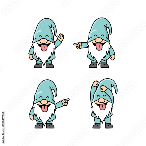 Cartoon gnomes gesturing and pointing in various poses on white background