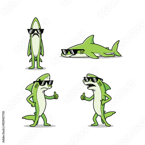 Cartoon sharks wearing sunglasses in various poses on white background