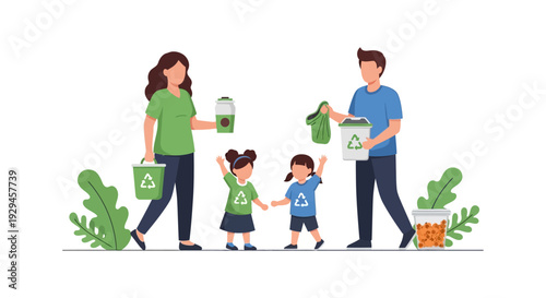 Family Recycling and Sustainable Living Illustration: Parents and Children Embracing Eco-Friendly Habits for Environmental Conservation