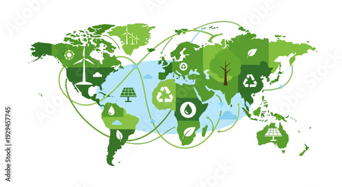 Global Green Energy and Sustainability Network Map with Renewable Resource Icons