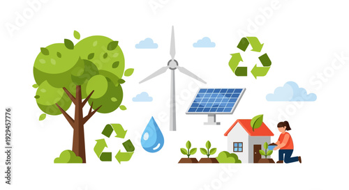Sustainable Lifestyle Illustration: Eco-Friendly Home, Renewable Energy, Recycling, Nature & Environmental Protection