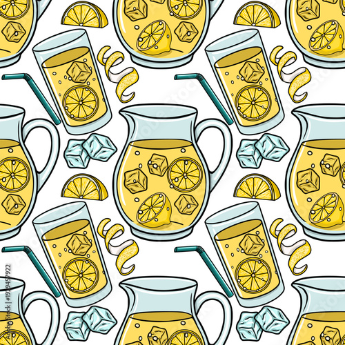 Refreshing Lemonade Pattern Vector Illustration with Ice Cubes, Lemon Slices and Swirls