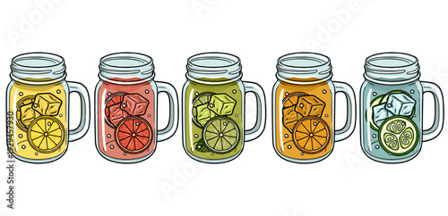 Set of five refreshing fruit infused water vector illustrations in mason jars with ice and citrus slices
