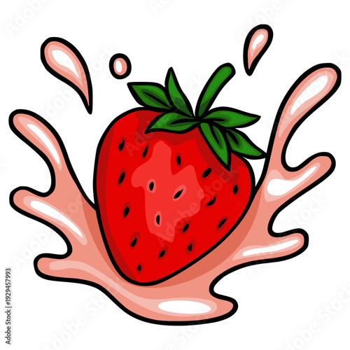 Vibrant vector strawberry splashing in pink liquid, isolated on white