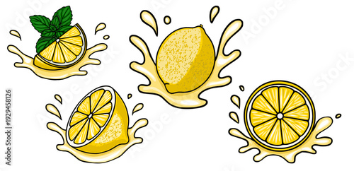 Fresh Lemon Splashes Vector Illustration with Mint Leaves
