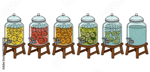 Set of six vector drink dispensers with citrus fruits and ice