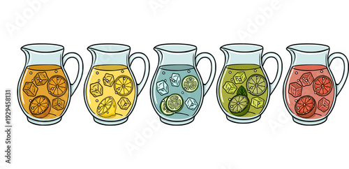 Set of five pitchers with refreshing citrus drinks, ice cubes, and fruit slices, vector illustration