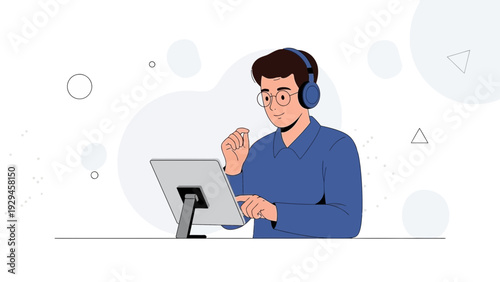 Man with headphones learning on tablet, online education concept