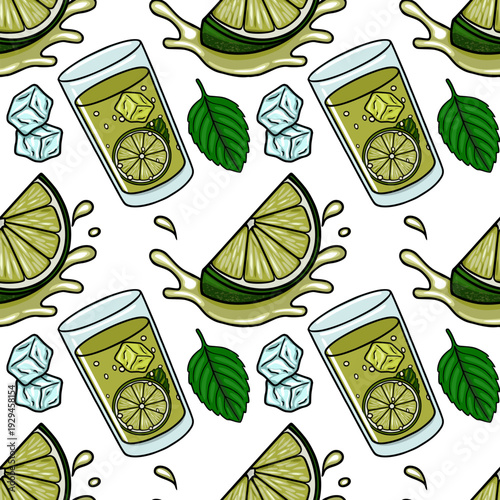 Refreshing limeade drink vector pattern with ice cubes and mint leaves