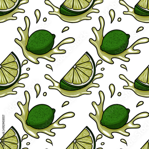 Vibrant lime slices and whole limes splashing in juice, seamless vector pattern