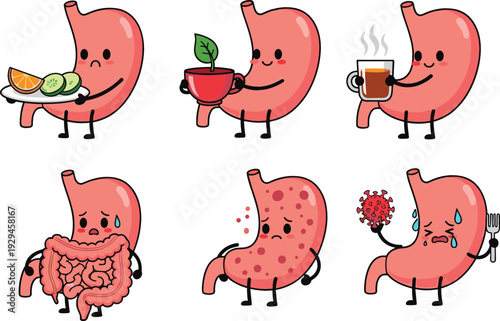 Set of cute kawaii stomach characters illustrating digestive health nutrition inflammation and medical conditions for healthcare and educational design