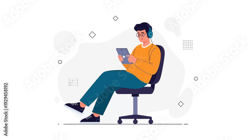Man with headphones using tablet while sitting on office chair, flat illustration