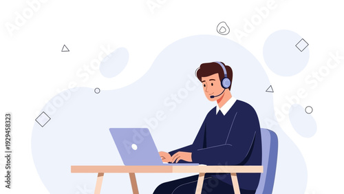 Man with headset working on laptop, customer support, remote work, modern illustration