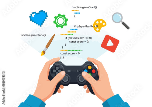 Hands holding game controller with game development icons.