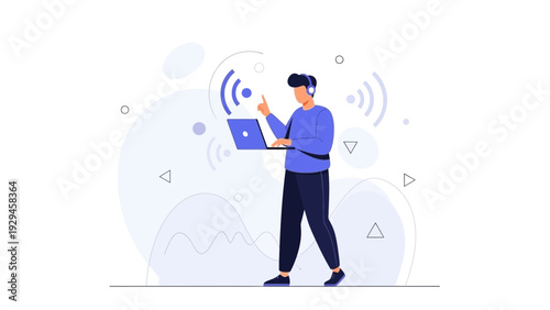 Man with Laptop and Headphones, Wireless Connection and Data Flow