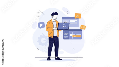 Man with Laptop Developing AI Software and Digital Content