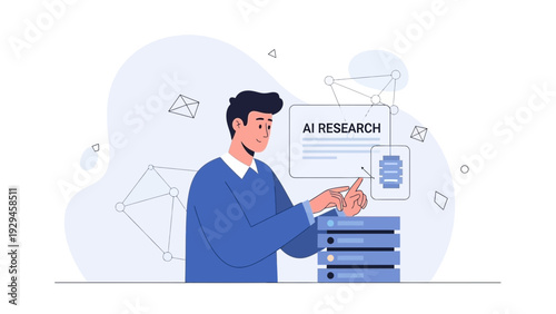 Man working on AI research with server data and network connections