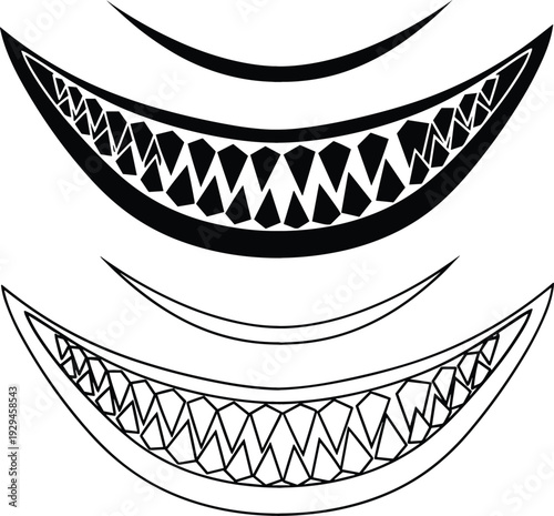 Sharp jagged teeth creepy grin smile mouth silhouette set for spooky horror design and edgy streetwear flat vector illustration