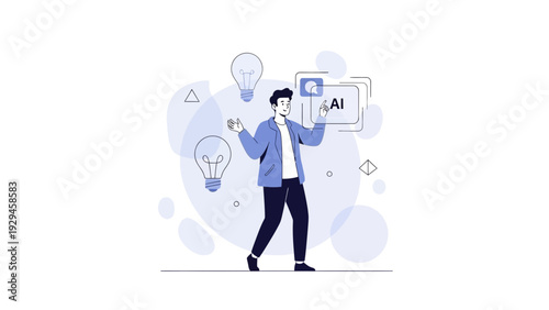 Man with AI brain icon and lightbulbs, representing innovation and artificial intelligence
