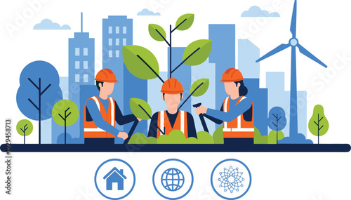 Team of professional engineers in safety vests planting trees for sustainable green city development and renewable energy project