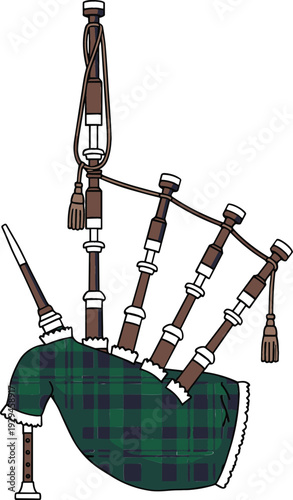 Traditional Scottish highland bagpipes vector illustration with green tartan bag for music culture and celtic heritage concept