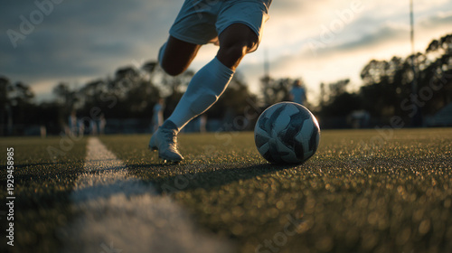 A soccer player kicks a ball on a green field during a cloudy sunset game