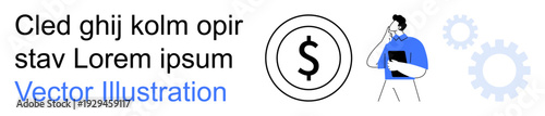 Finance, business planning, economics, problem-solving, professional strategy, corporate goals. Dollar sign icon, clipboard-holding person gears. Finance and business planning concepts