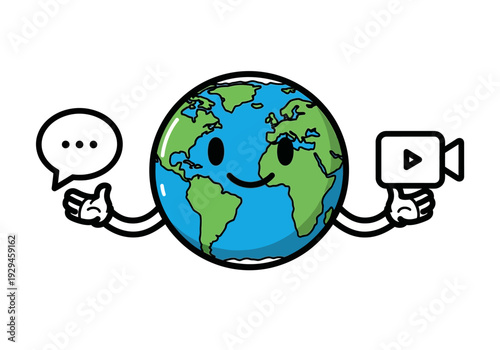 Happy cartoon Earth character holding speech bubble and video camera.
