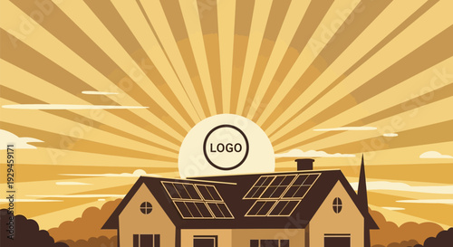 House with Solar Panels on Roof Under Sun Rays.