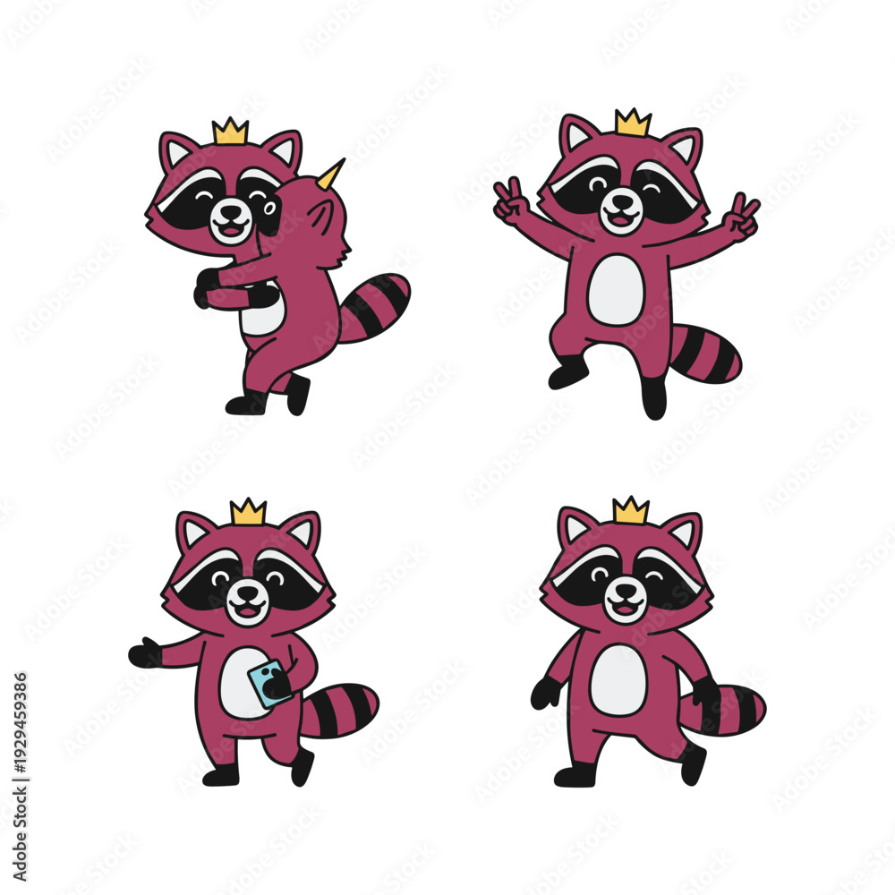 Fototapeta premium Cartoon raccoons with crowns dancing and posing in various cute poses