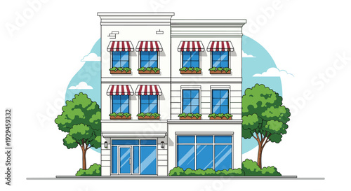 A cartoon illustration of a modern two-story city building with storefronts, awnings, and trees on a white background.