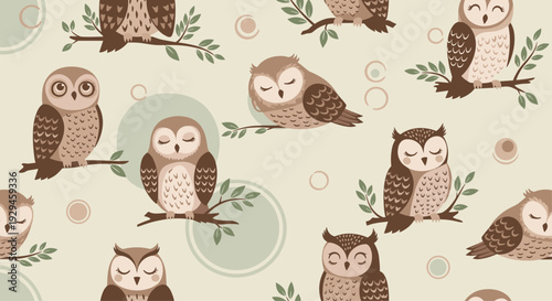 A cozy seamless pattern featuring cute sleeping and awake cartoon owls perched on branches in soft brown and green tones.