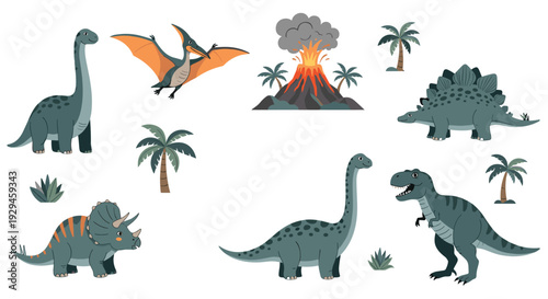 A cute collection of cartoon dinosaurs including T-Rex and Triceratops, with a volcano and palm trees for prehistoric scenes.