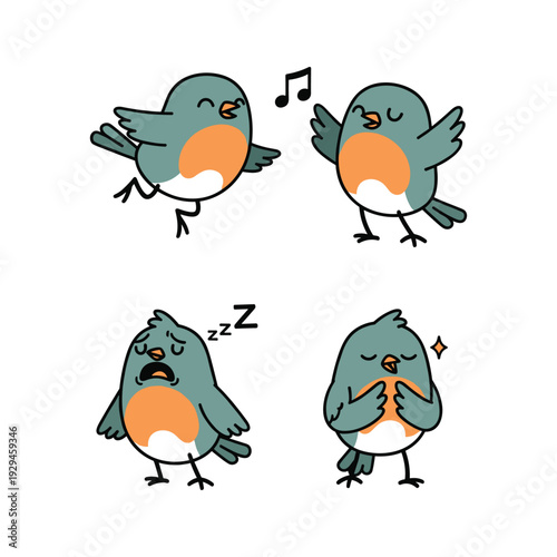 Cartoon birds expressing different emotions and actions with musical notes