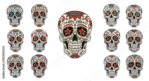 A collection of colorful Mexican sugar skulls with floral decorations, representing the Dia de los Muertos celebration.