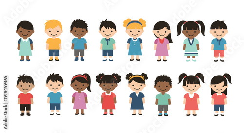 A diverse and inclusive group of cute cartoon children of various ethnicities standing together in two smiling rows.