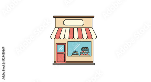 A simple and charming cartoon illustration of a bakery storefront with a striped awning and cakes displayed in the window.