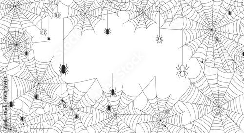 A spooky Halloween background forming a border of intricate spiderwebs and black spiders, with a blank center for text.