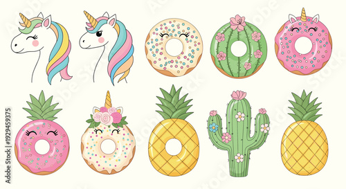 A whimsical collection of cute cartoon elements including unicorn heads, decorated donuts, pineapples, and flowering cacti.