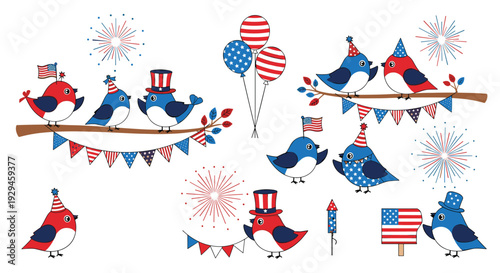 A charming collection of cute patriotic birds celebrating the 4th of July with flags, fireworks, and festive party hats.