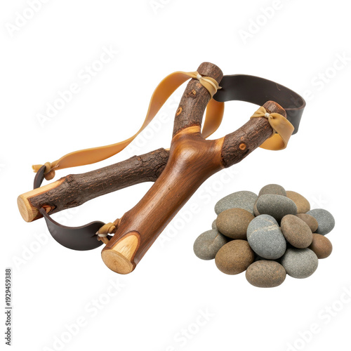Wooden slingshot with pebbles