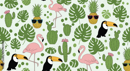 A fun and vibrant seamless tropical pattern featuring flamingos, toucans, pineapples with sunglasses, cacti, and monstera leaves.