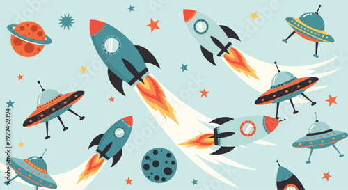 A retro-themed seamless pattern for kids featuring cartoon rockets, flying saucers, planets, and stars in outer space.