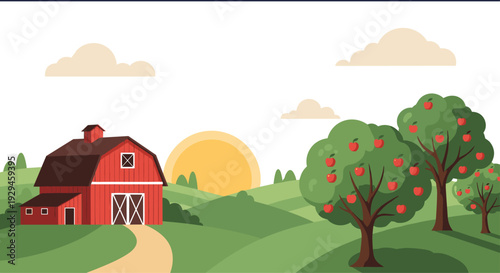 A peaceful and idyllic farm landscape scene with a red barn, rolling green hills, apple trees, and a rising sun.