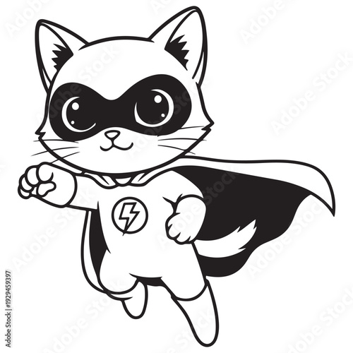 Cute Superhero Cat Flying with Mask and Cape in Black and White