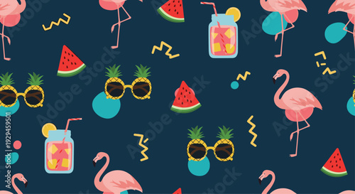 A vibrant seamless summer party pattern with pink flamingos, watermelon slices, cocktails, and pineapples in sunglasses.