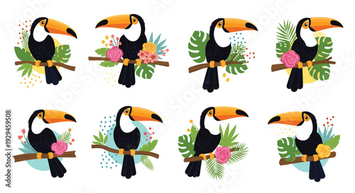 A collection of eight charming cartoon toucans perched on branches, decorated with various tropical flowers and leaves.