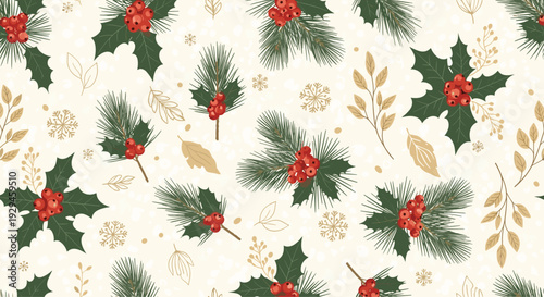A festive and seamless Christmas pattern featuring holly leaves with red berries, pine branches, and golden botanical accents.
