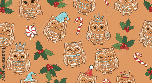 A festive and sweet seamless Christmas pattern featuring gingerbread owl cookies, candy canes, and holly on a brown background.